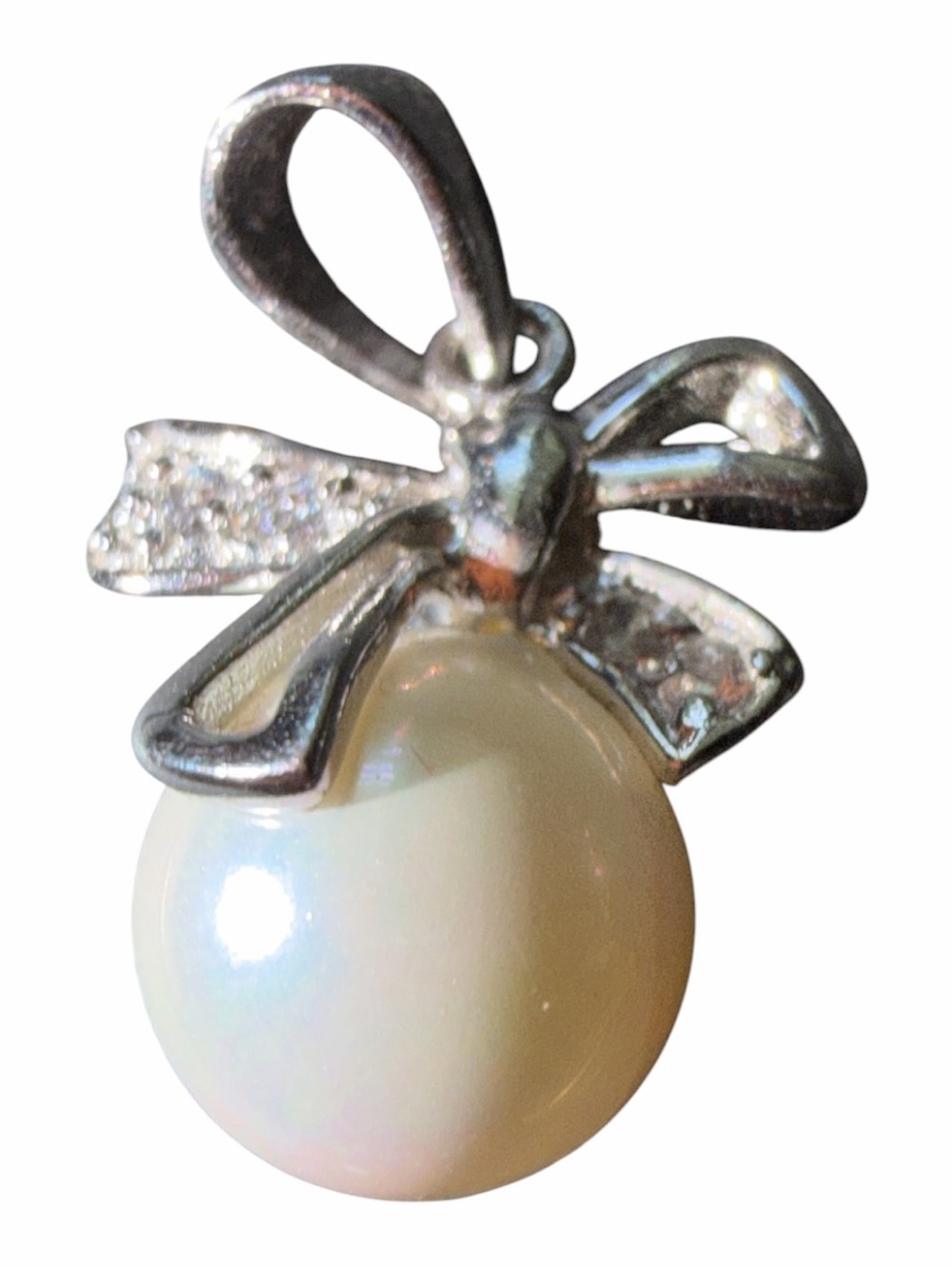 Sterling Silver Bow Pearl Pendant - Cream Pearl Necklace Charm